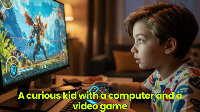 A curious kid with a computer and a video game
