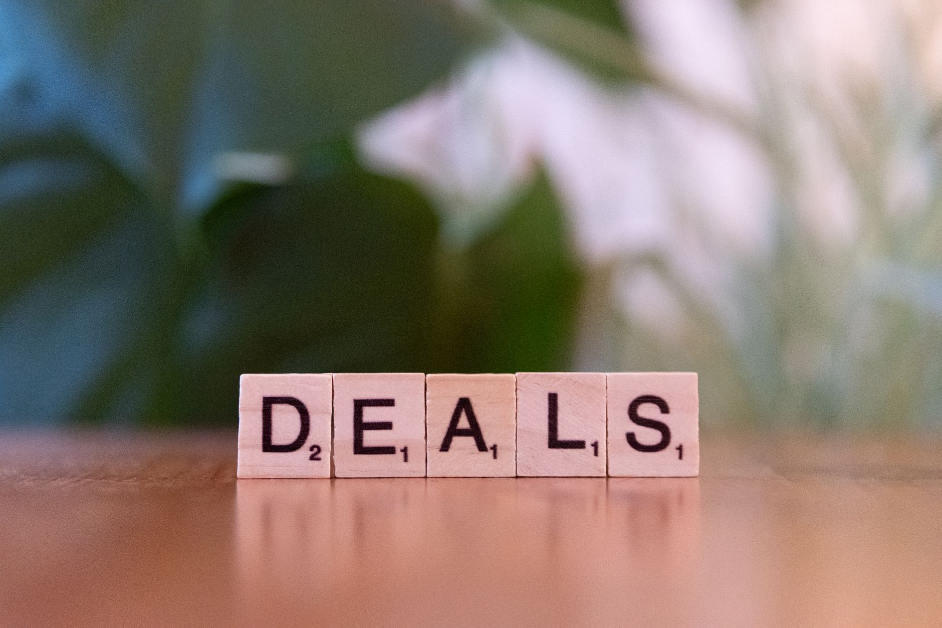 Close-up of Scrabble tiles spelling 'DEALS' on a wooden surface with blurry green background.