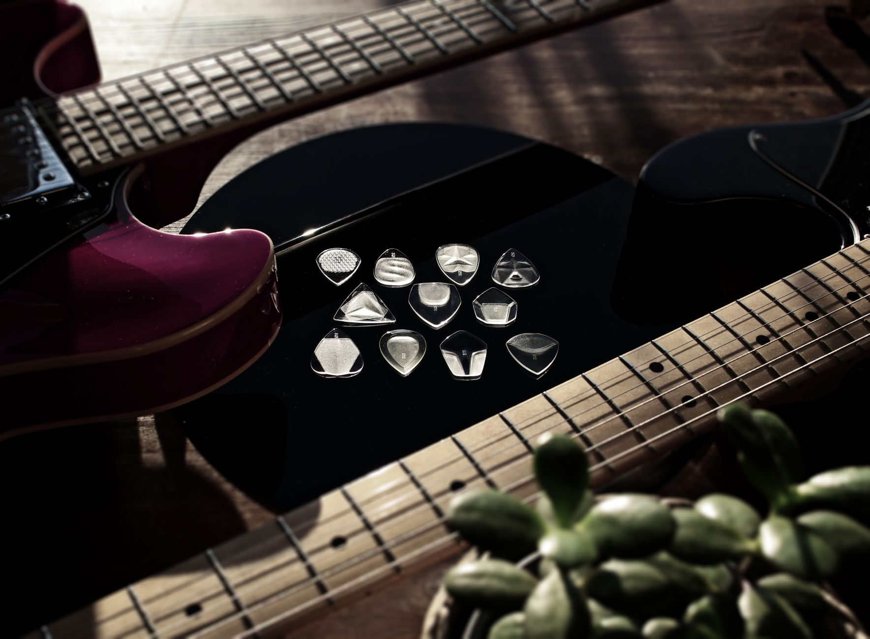 Close-up of electric guitars and picks arranged on a reflective surface, accented by natural light.