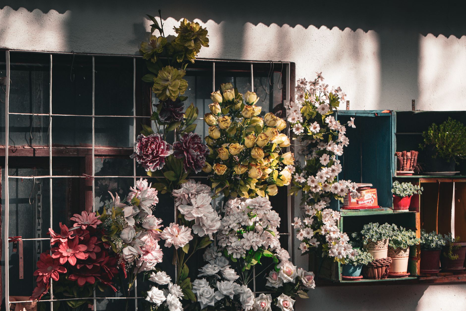 Vibrant floral arrangement on a rustic window with potted plants in Tokat, Türkiye.