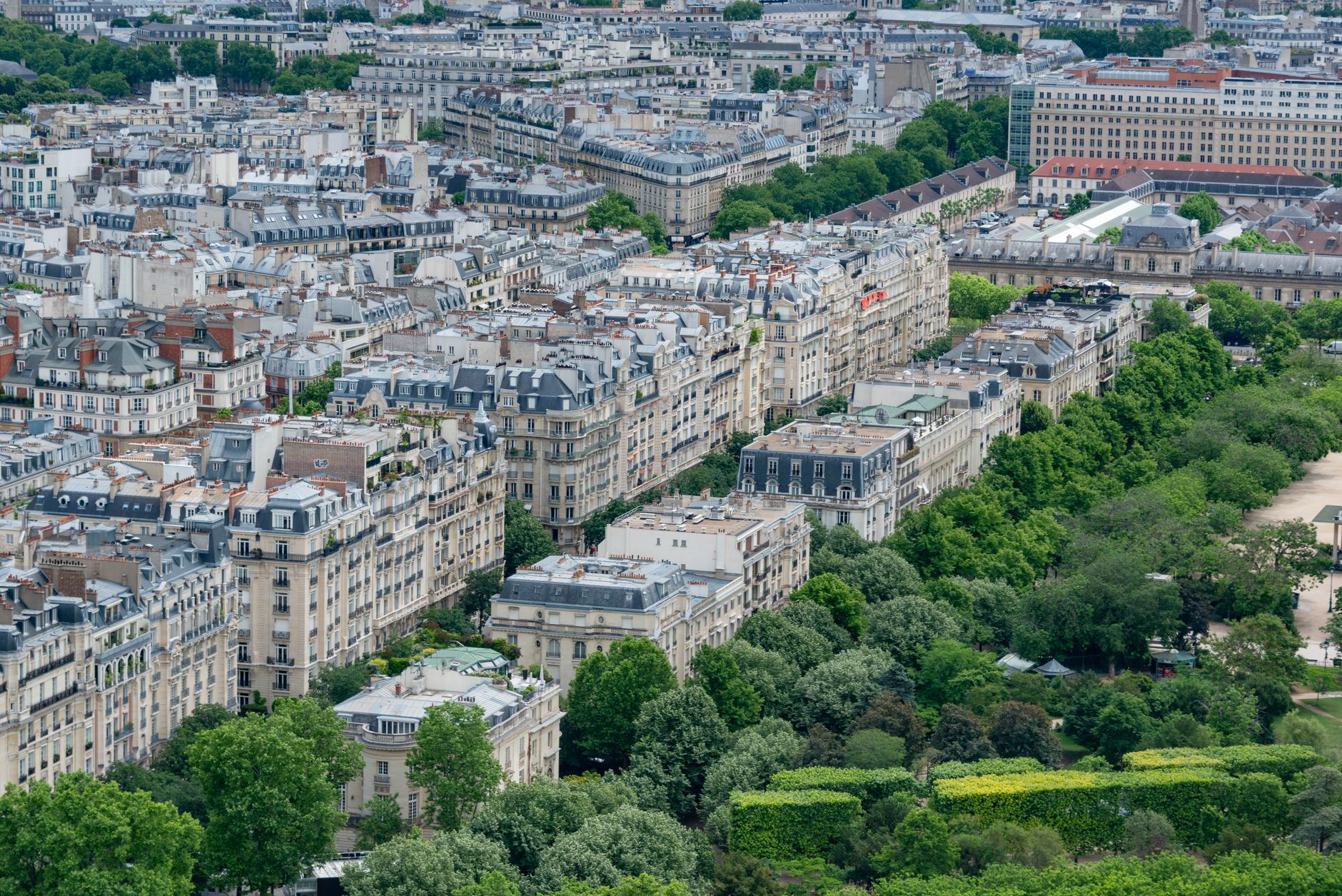 Stunning aerial view of Paris showcasing classic architecture and lush greenery in urban setting.