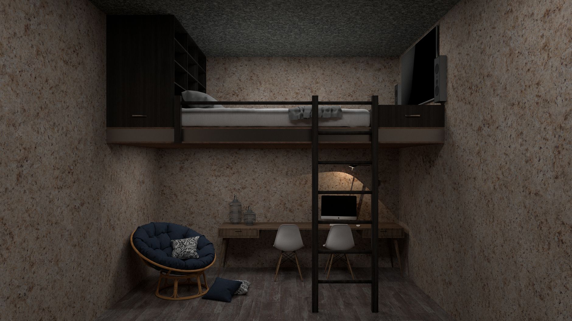 Stylish loft bedroom featuring a bed, workspace, ladder, and chic interior design.